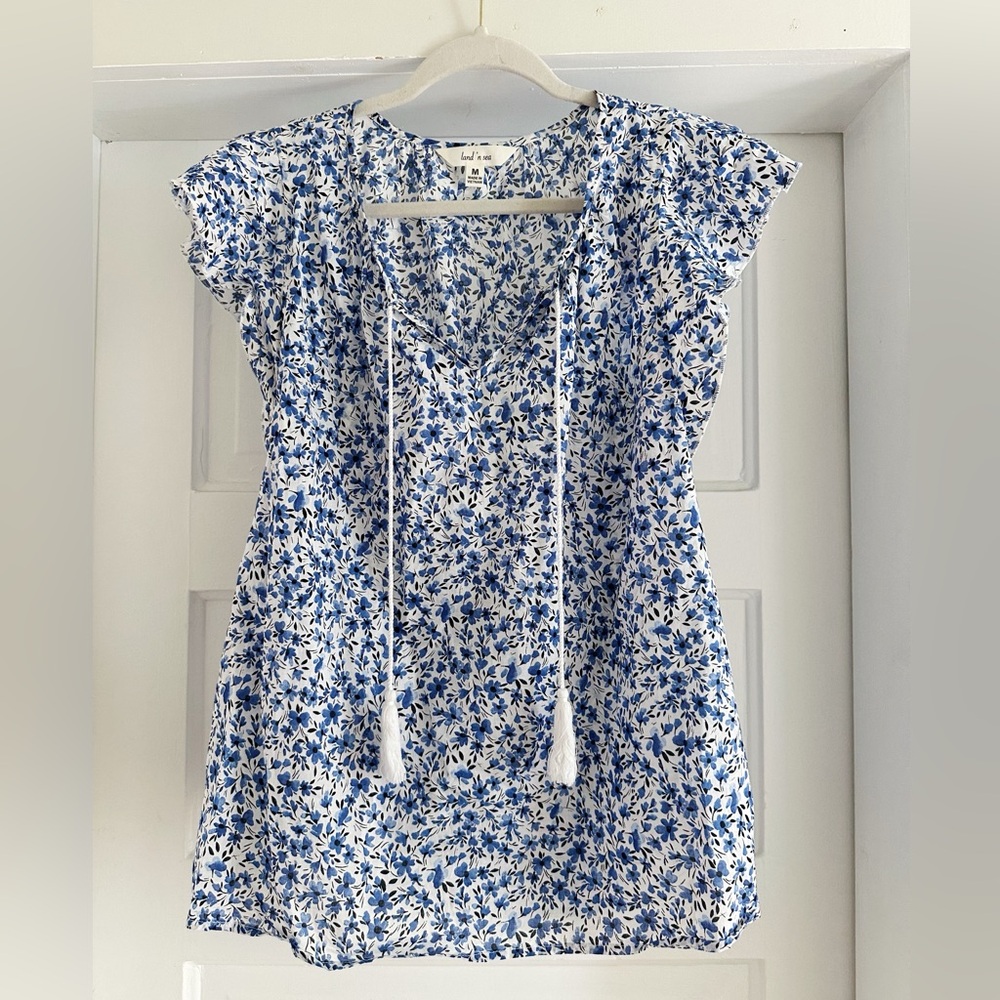 LAND N SEA | Floral Blue and White Blouse w/ front Tassels and Flutter Sleeves